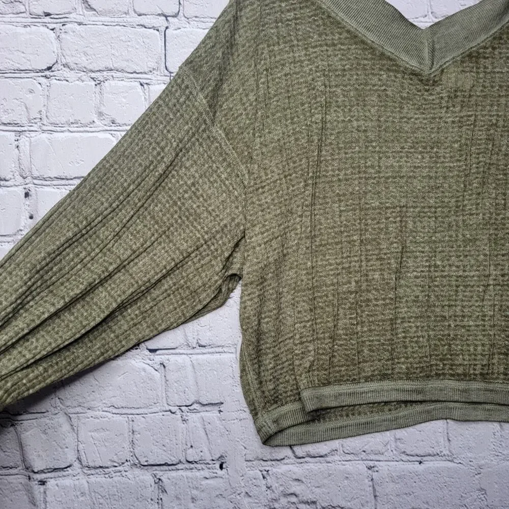 We The Free People South Side Thermal Knit Oversized Off Shoulder Top Green Sz S